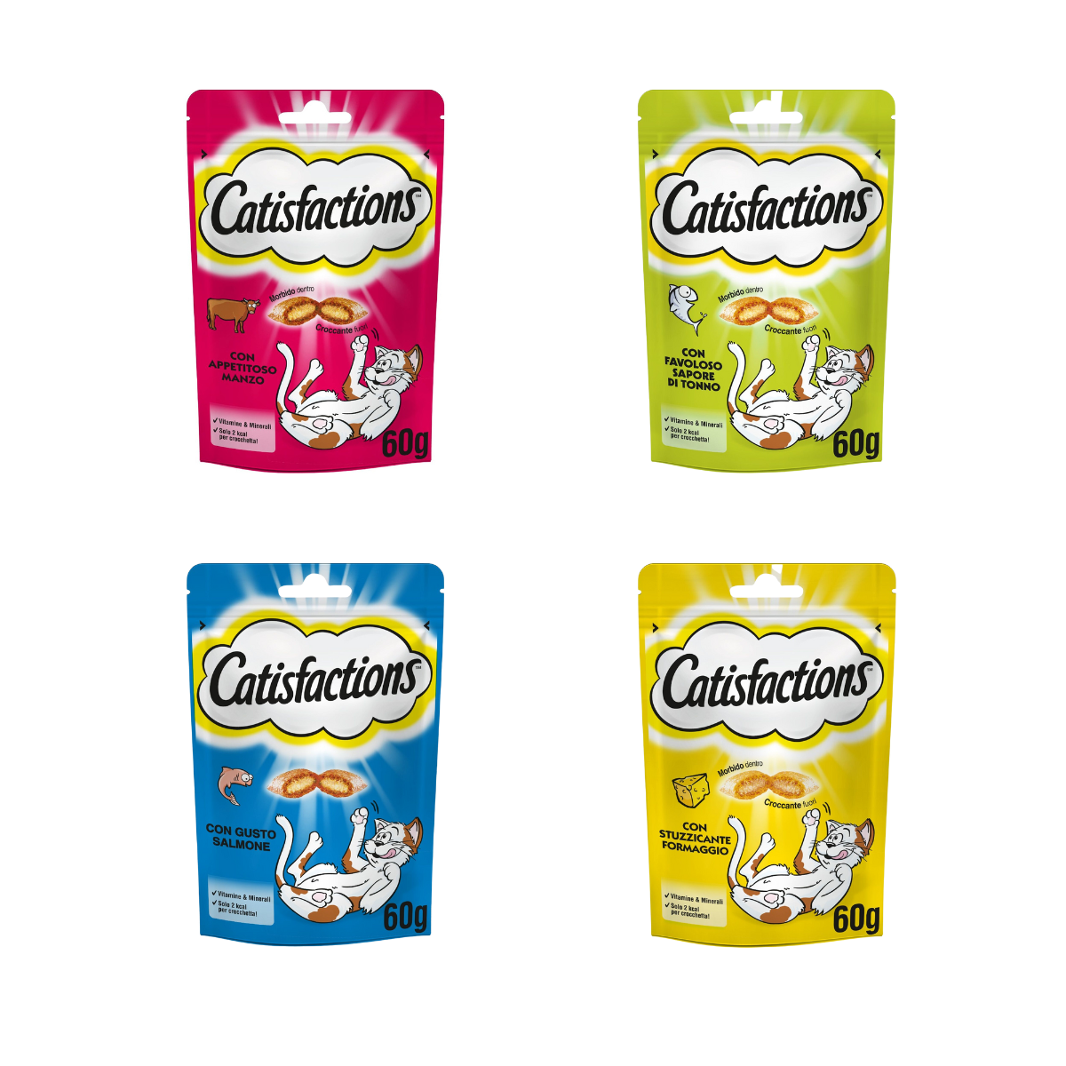 4x Catisfactions con Manzo, Salmone, Tonno, Formaggio 60gr 4x Catisfactions con Manzo, Salmone, Tonno, Formaggio 60gr